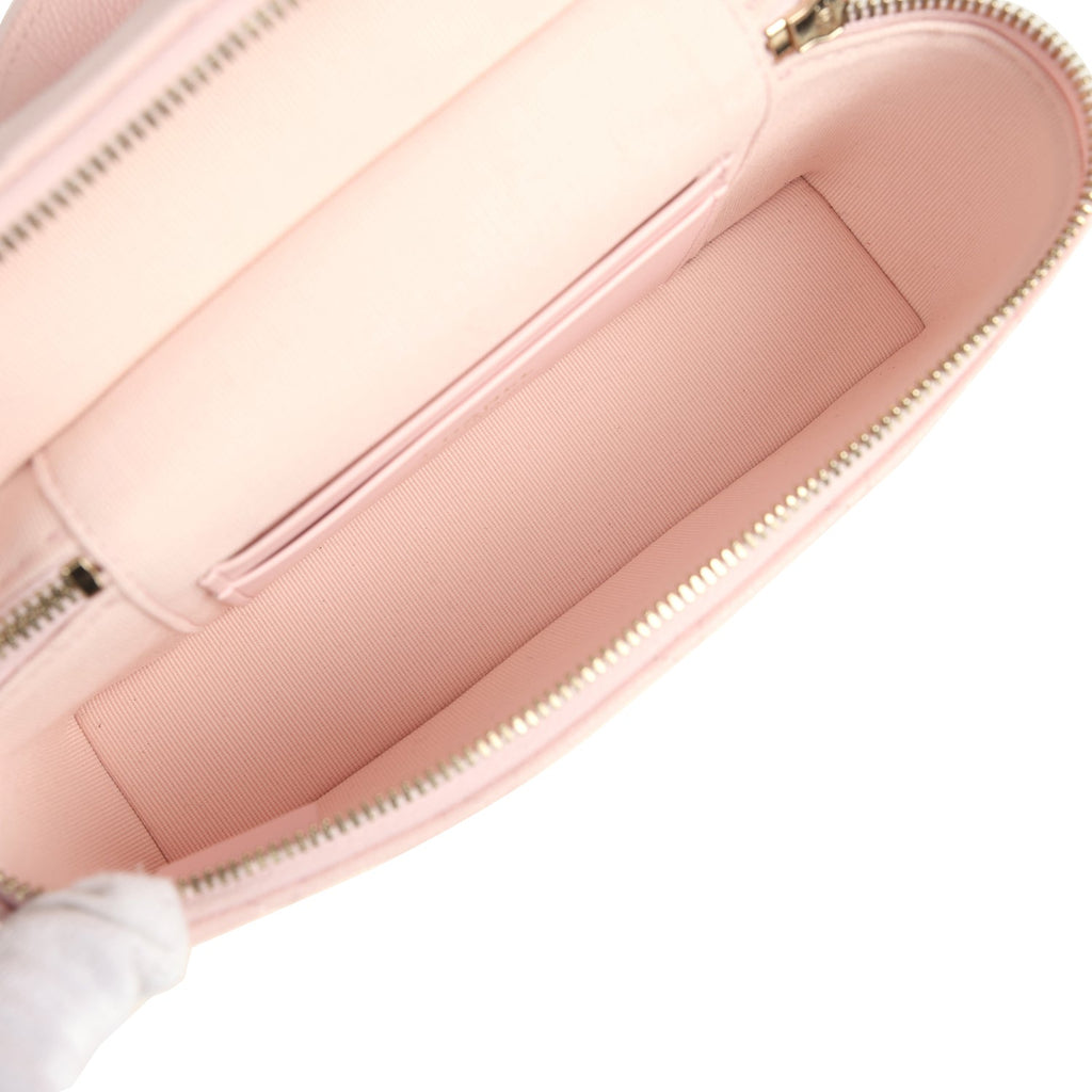 Top Handle Long Vanity Case with Chain Light Pink Shiny Caviar Light Gold Hardware