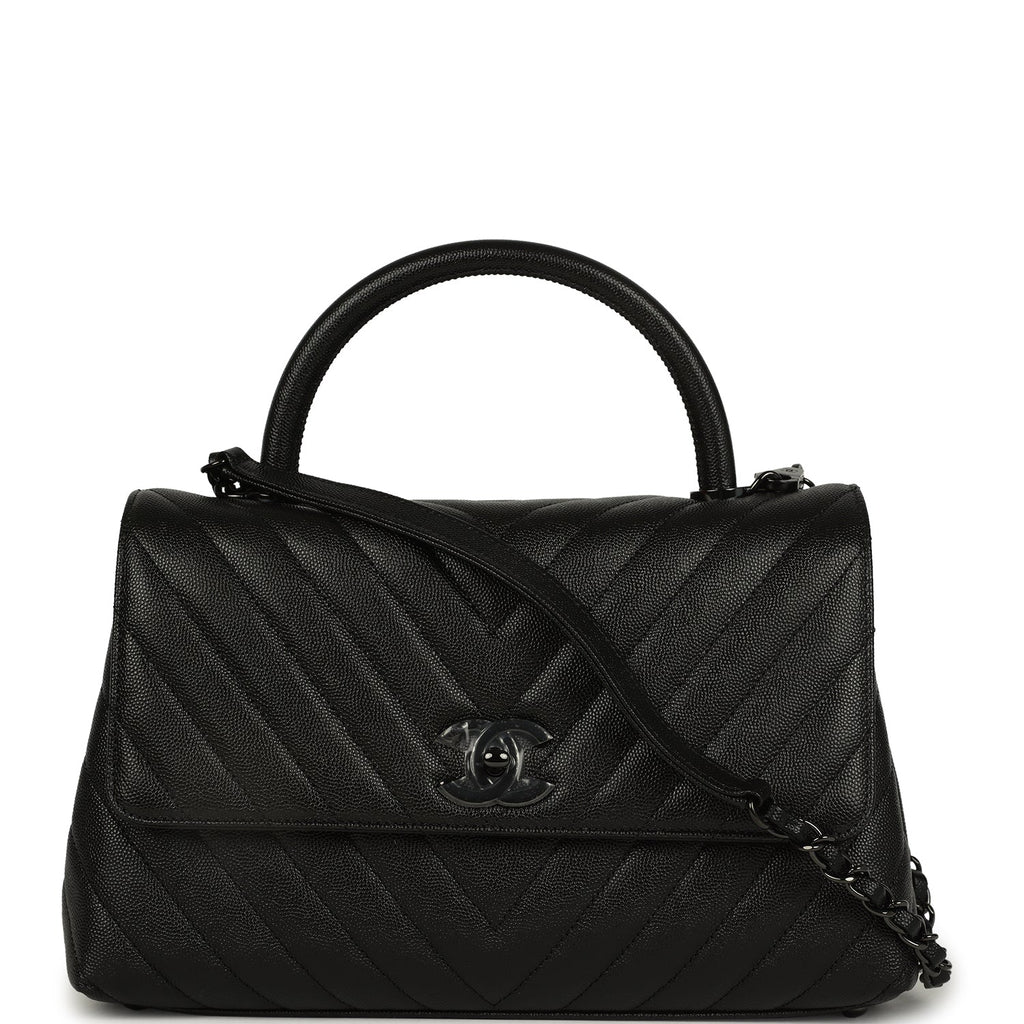 Medium Chevron Coco Top Handle So Black Shiny Caviar Black Hardware