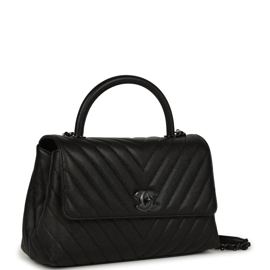 Medium Chevron Coco Top Handle So Black Shiny Caviar Black Hardware