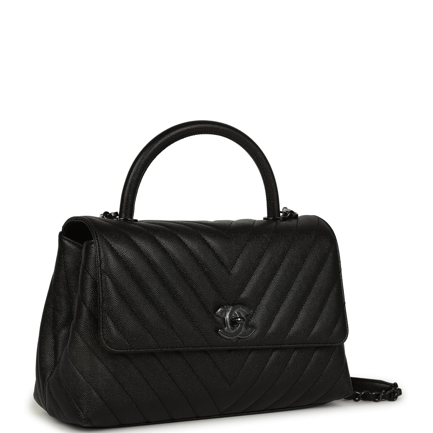 Medium Chevron Coco Top Handle So Black Shiny Caviar Black Hardware