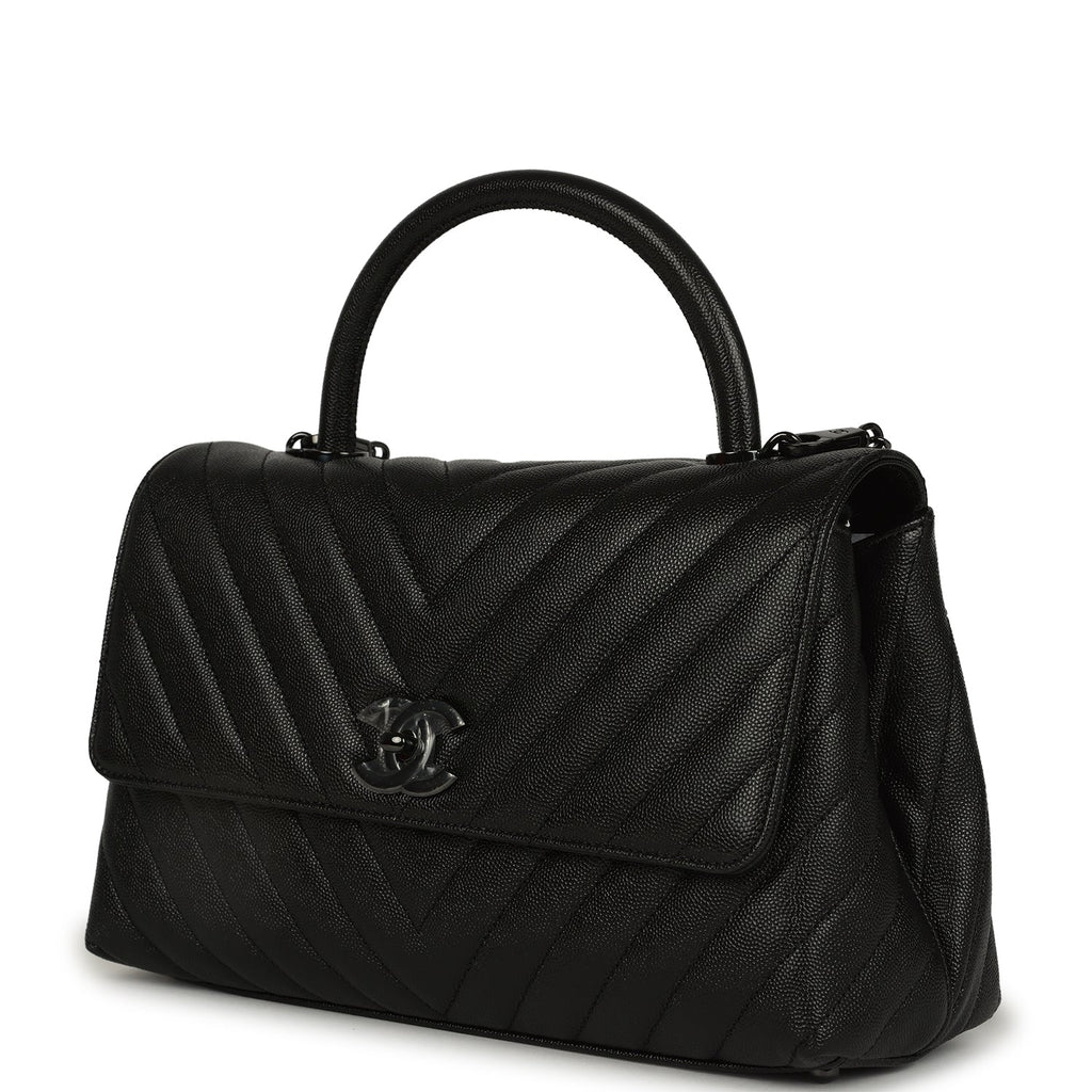 Medium Chevron Coco Top Handle So Black Shiny Caviar Black Hardware