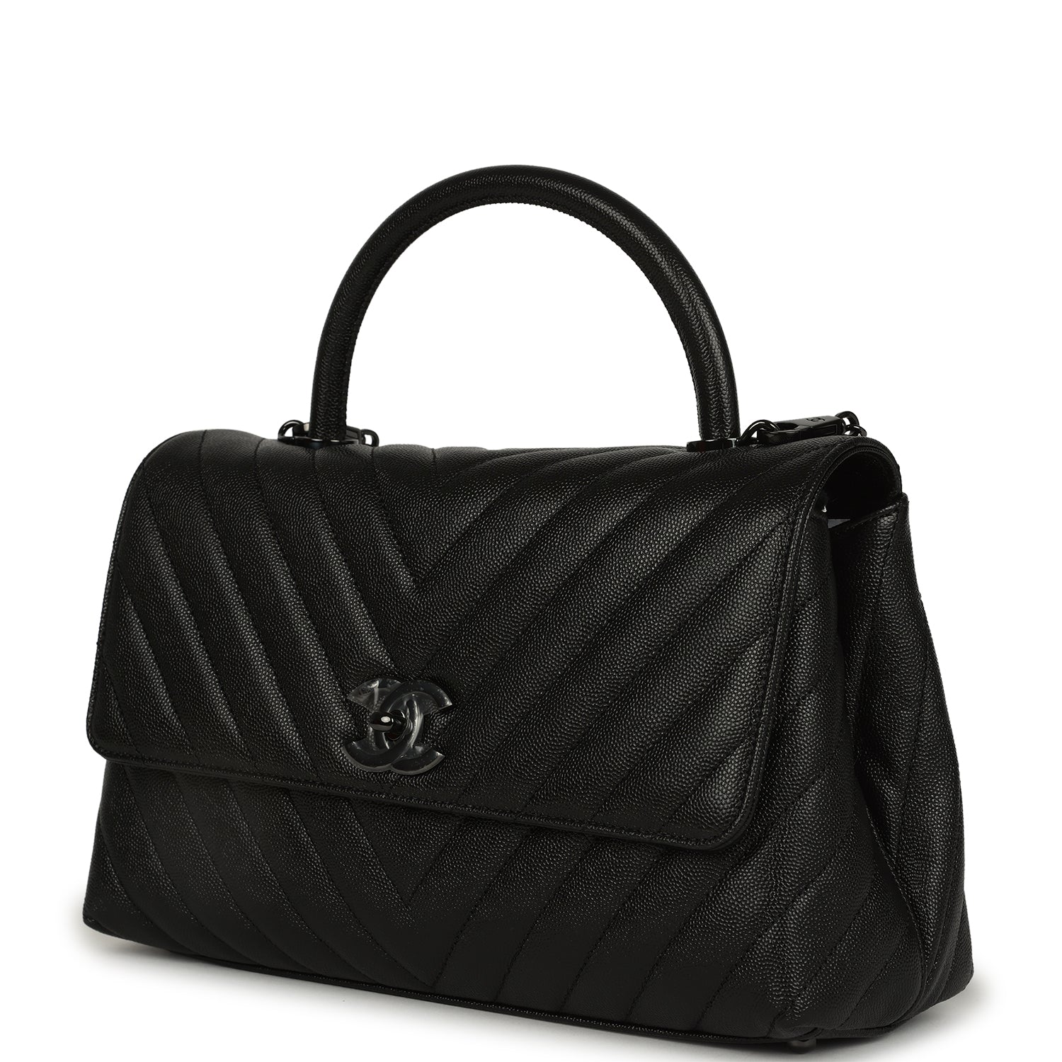 Medium Chevron Coco Top Handle So Black Shiny Caviar Black Hardware