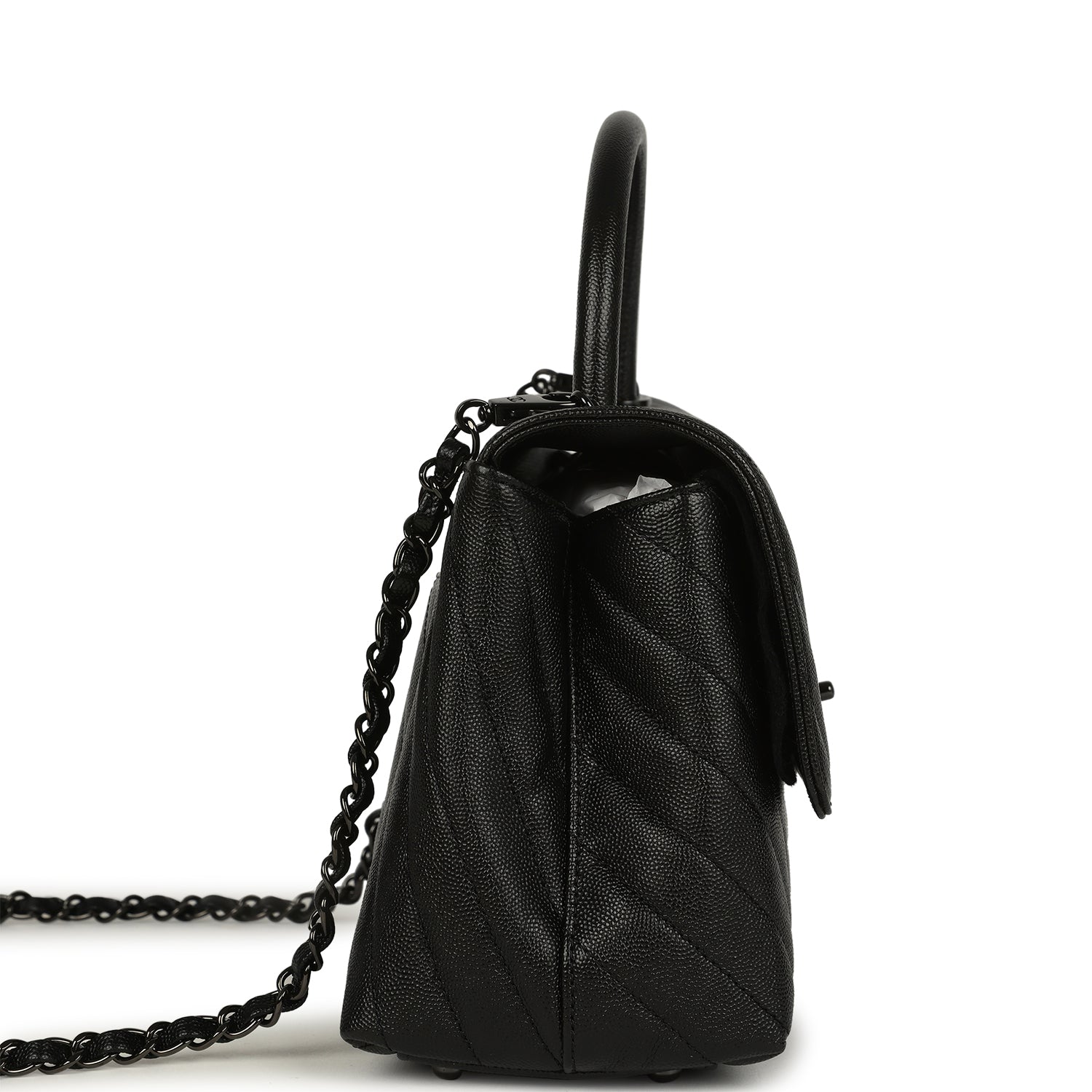 Medium Chevron Coco Top Handle So Black Shiny Caviar Black Hardware