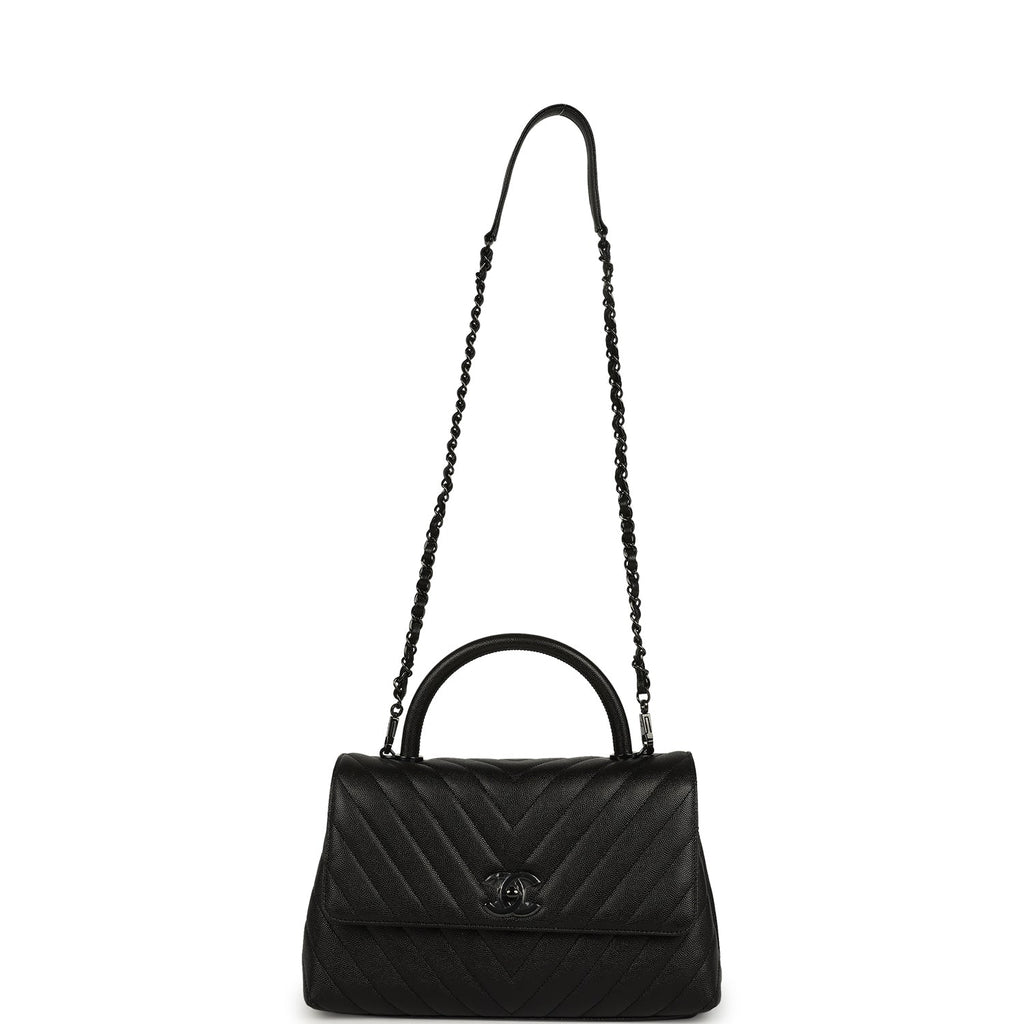 Medium Chevron Coco Top Handle So Black Shiny Caviar Black Hardware