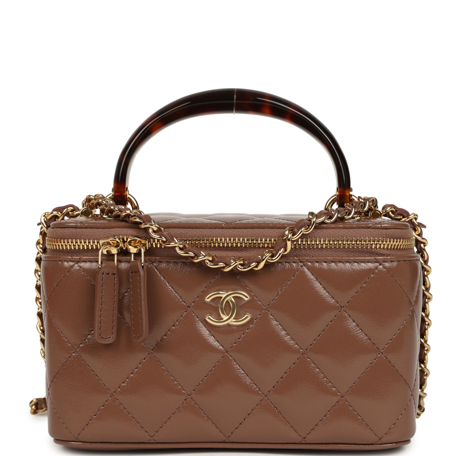 Small Tortoiseshell Top Handle Vanity Case Brown Shiny Lambskin Light Gold Hardware