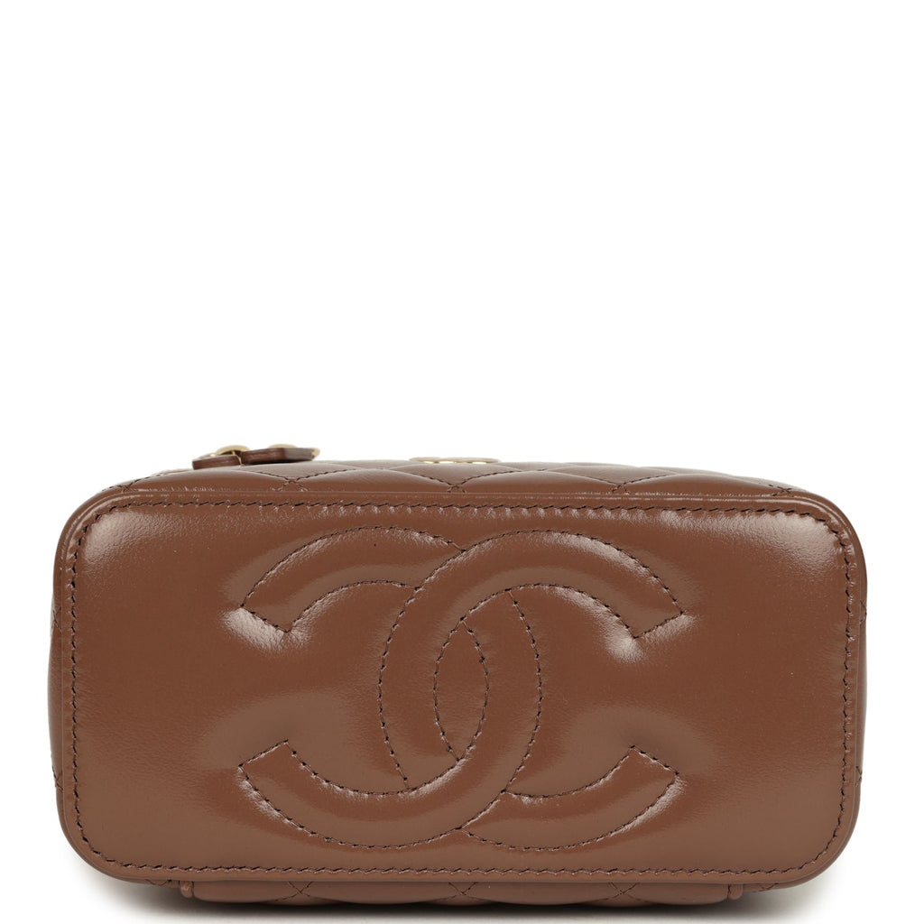 Small Tortoiseshell Top Handle Vanity Case Brown Shiny Lambskin Light Gold Hardware