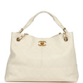Small Coco Hobo Bag White Calfskin Antique Gold Hardware