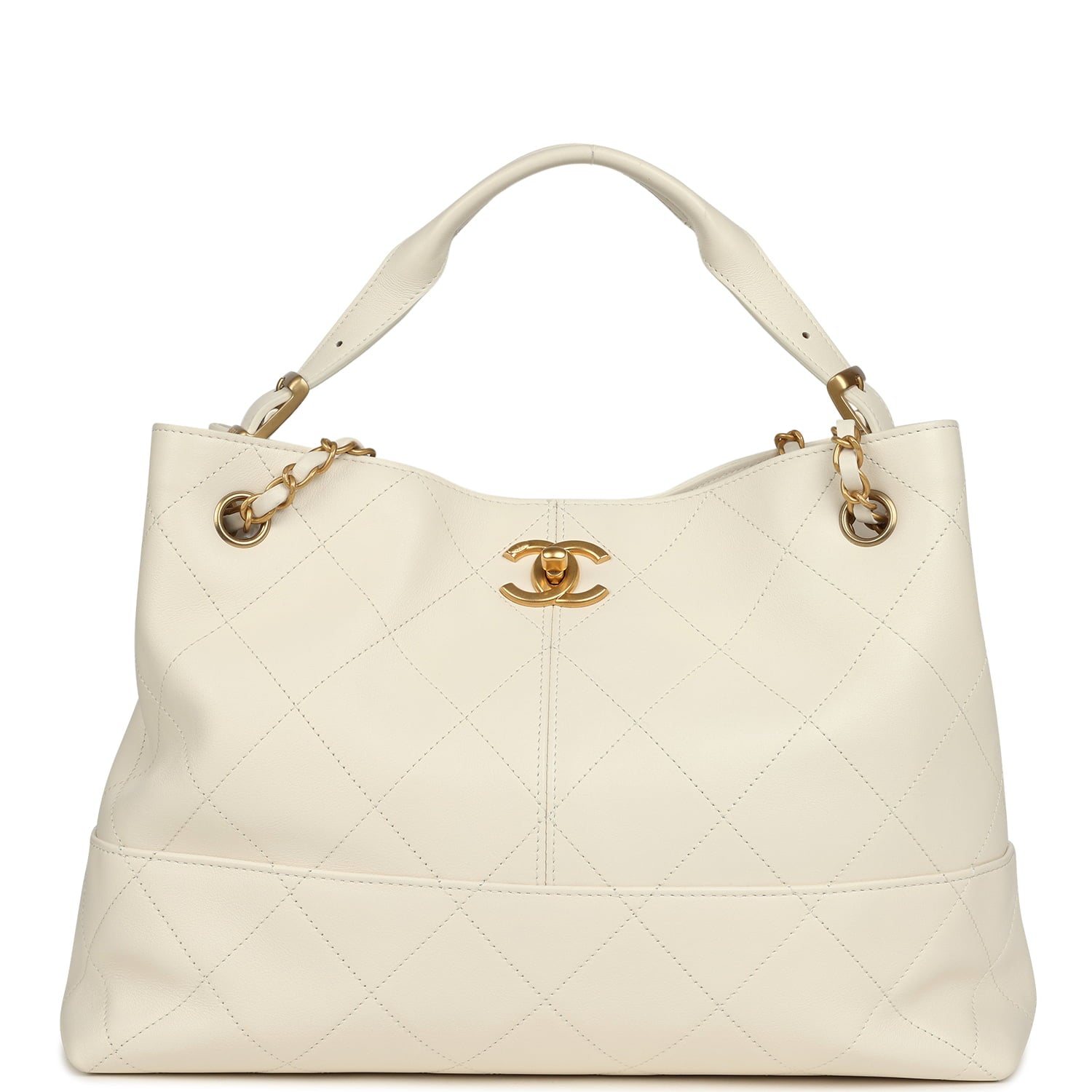 Small Coco Hobo Bag White Calfskin Antique Gold Hardware