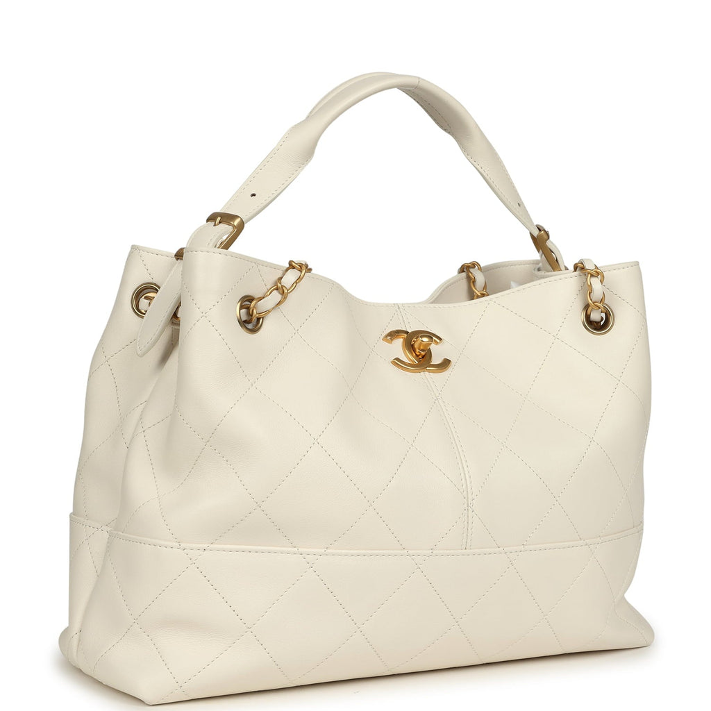 Small Coco Hobo Bag White Calfskin Antique Gold Hardware