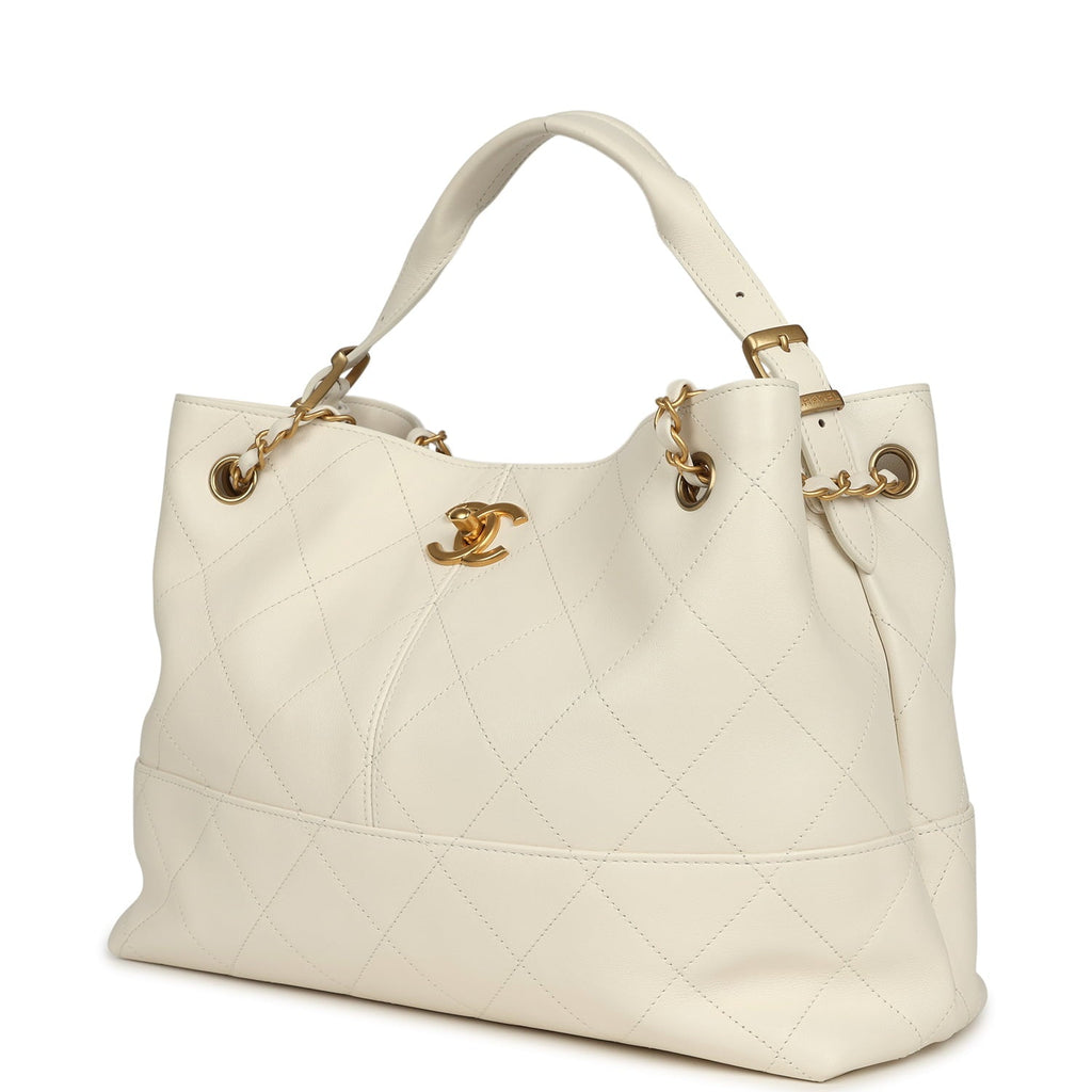 Small Coco Hobo Bag White Calfskin Antique Gold Hardware