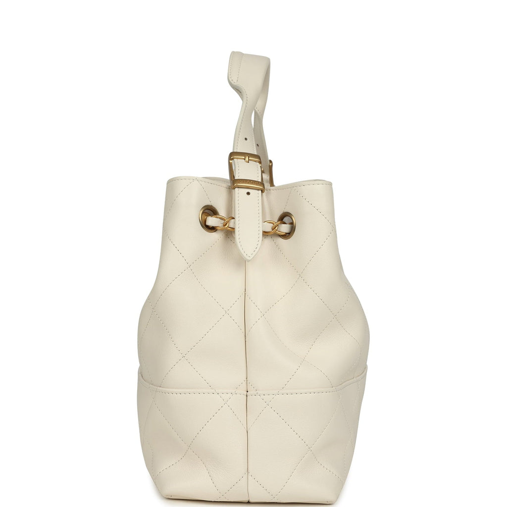 Small Coco Hobo Bag White Calfskin Antique Gold Hardware
