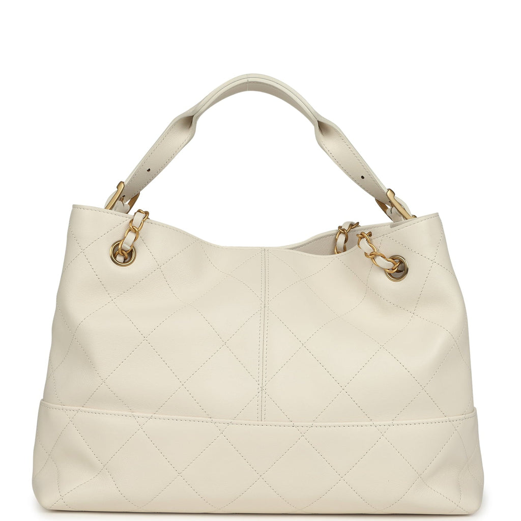 Small Coco Hobo Bag White Calfskin Antique Gold Hardware