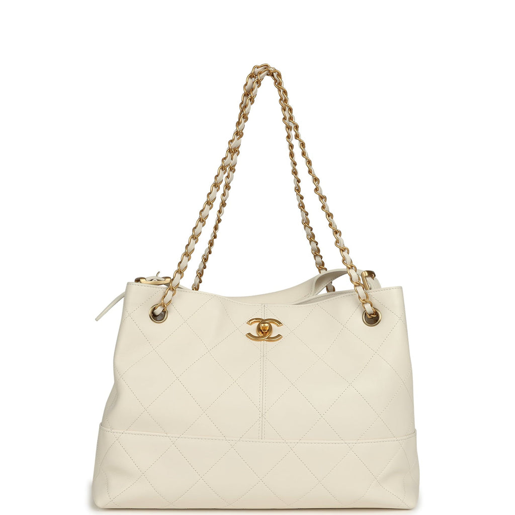 Small Coco Hobo Bag White Calfskin Antique Gold Hardware