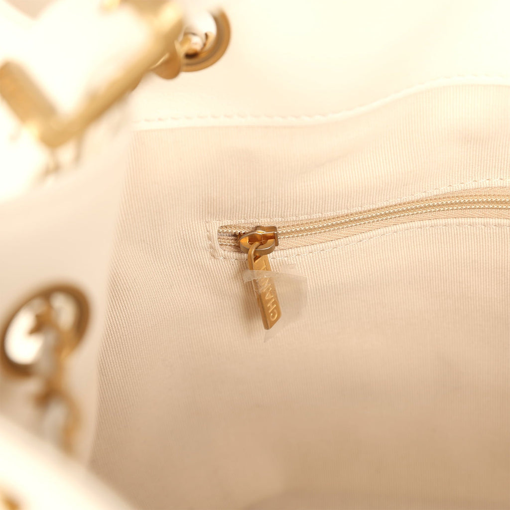 Small Coco Hobo Bag White Calfskin Antique Gold Hardware