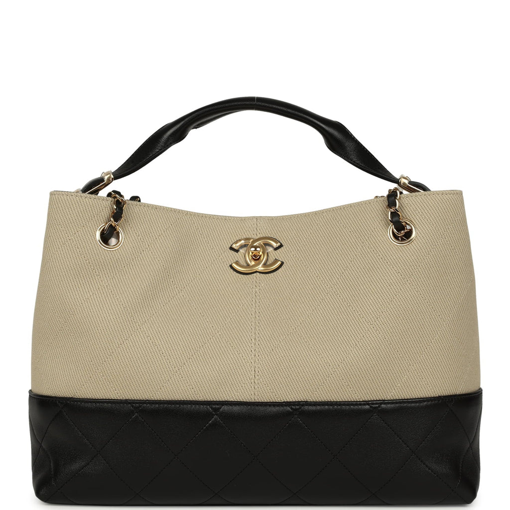 Small Coco Base Hobo Bag Beige Canvas and Black Shiny Lambskin Gold Hardware