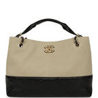 Small Coco Base Hobo Bag Beige Canvas and Black Shiny Lambskin Gold Hardware