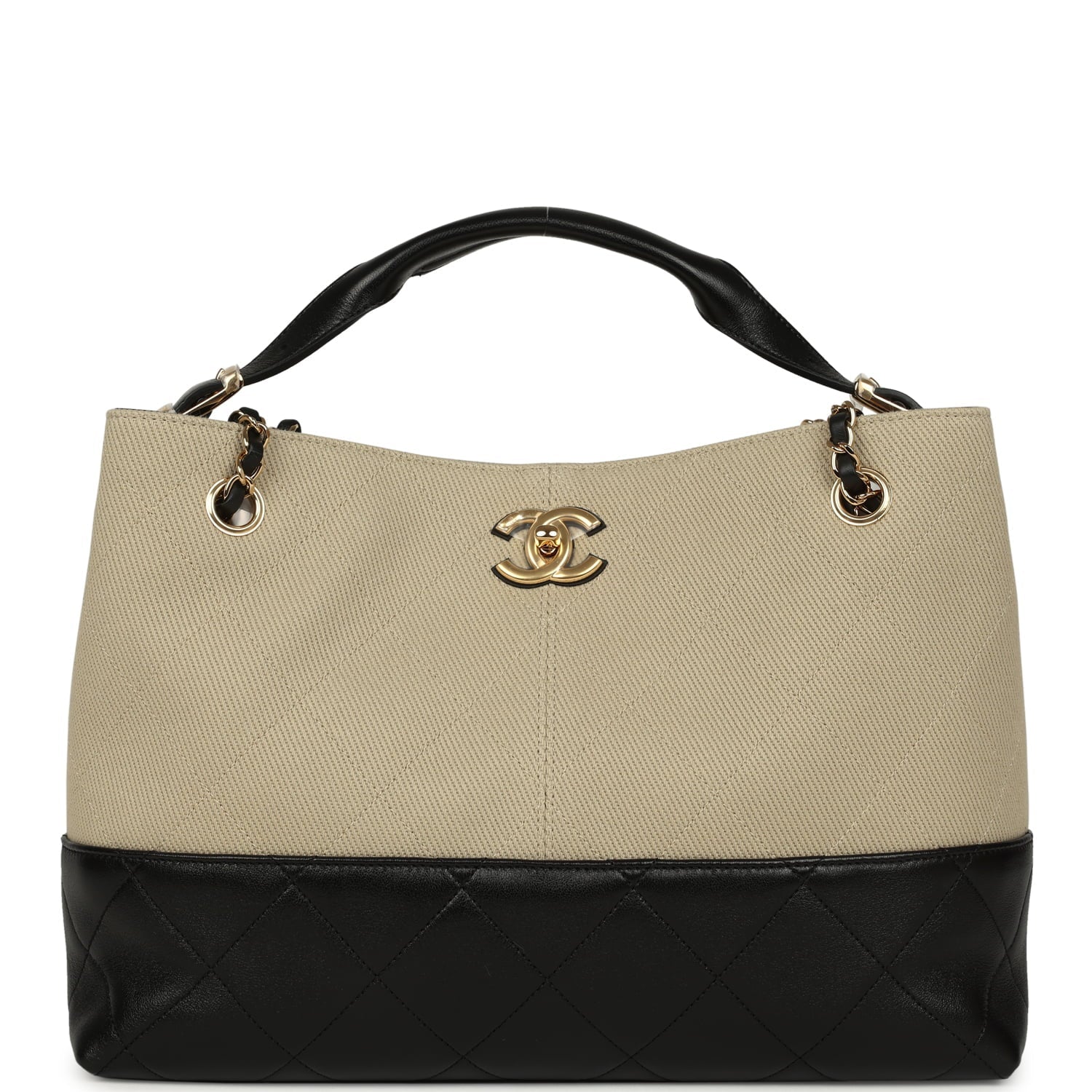 Small Coco Base Hobo Bag Beige Canvas and Black Shiny Lambskin Gold Hardware