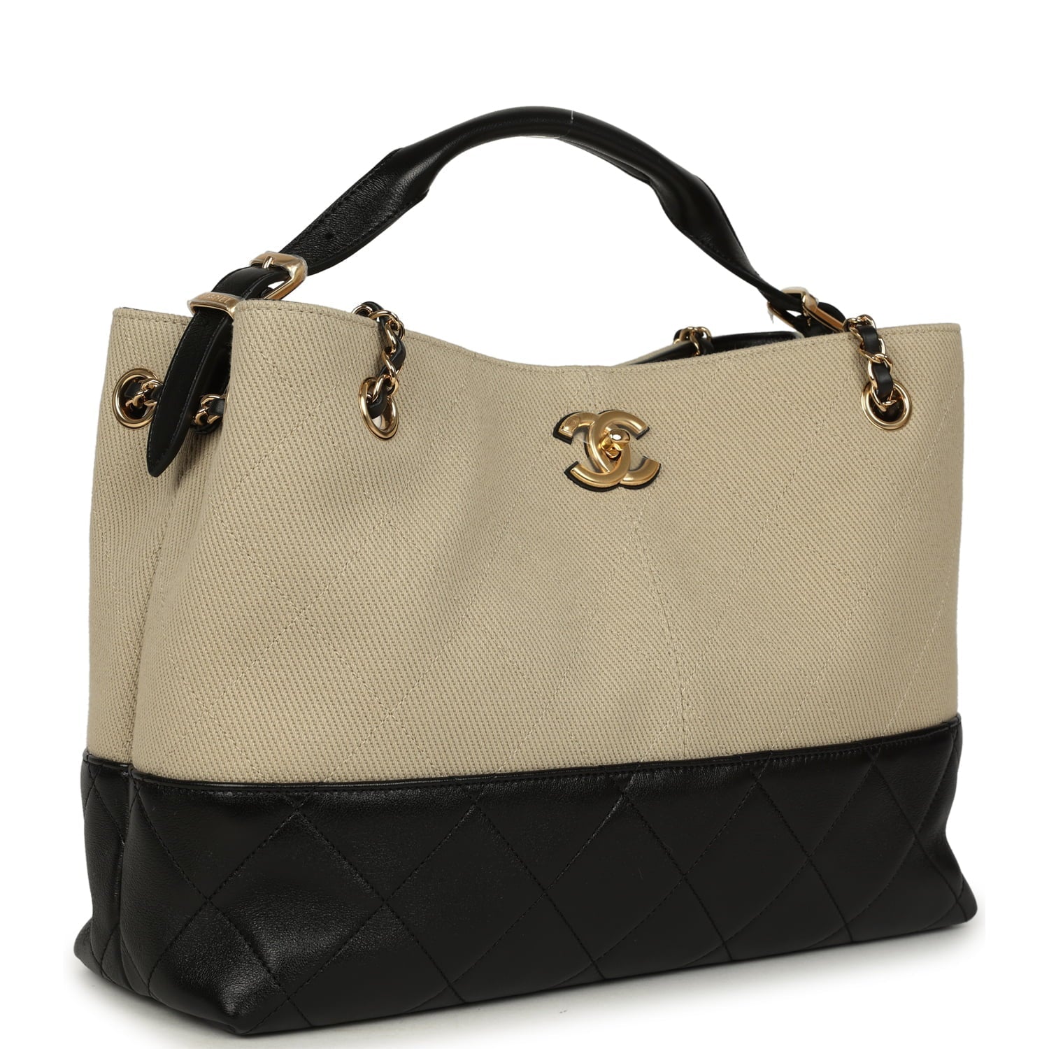 Small Coco Base Hobo Bag Beige Canvas and Black Shiny Lambskin Gold Hardware