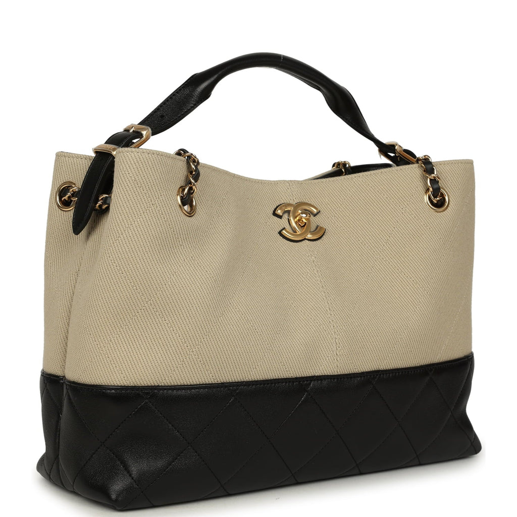 Small Coco Base Hobo Bag Beige Canvas and Black Shiny Lambskin Gold Hardware