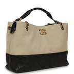 Small Coco Base Hobo Bag Beige Canvas and Black Shiny Lambskin Gold Hardware