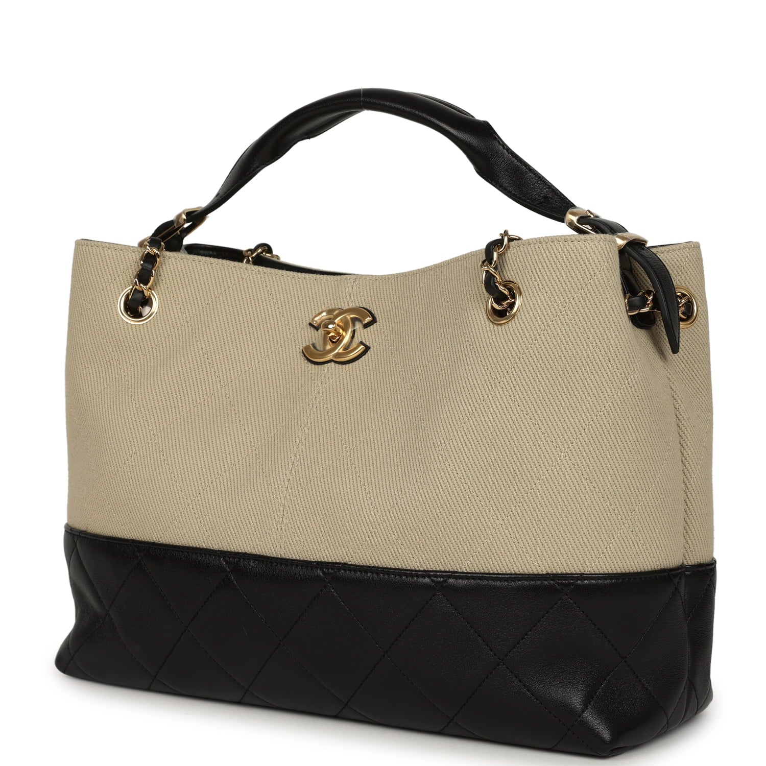 Small Coco Base Hobo Bag Beige Canvas and Black Shiny Lambskin Gold Hardware