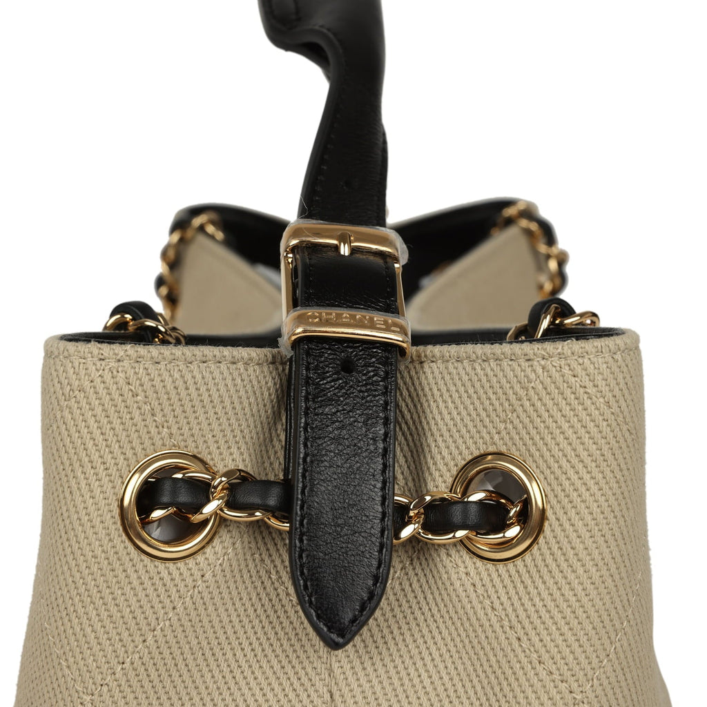 Small Coco Base Hobo Bag Beige Canvas and Black Shiny Lambskin Gold Hardware