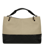 Small Coco Base Hobo Bag Beige Canvas and Black Shiny Lambskin Gold Hardware
