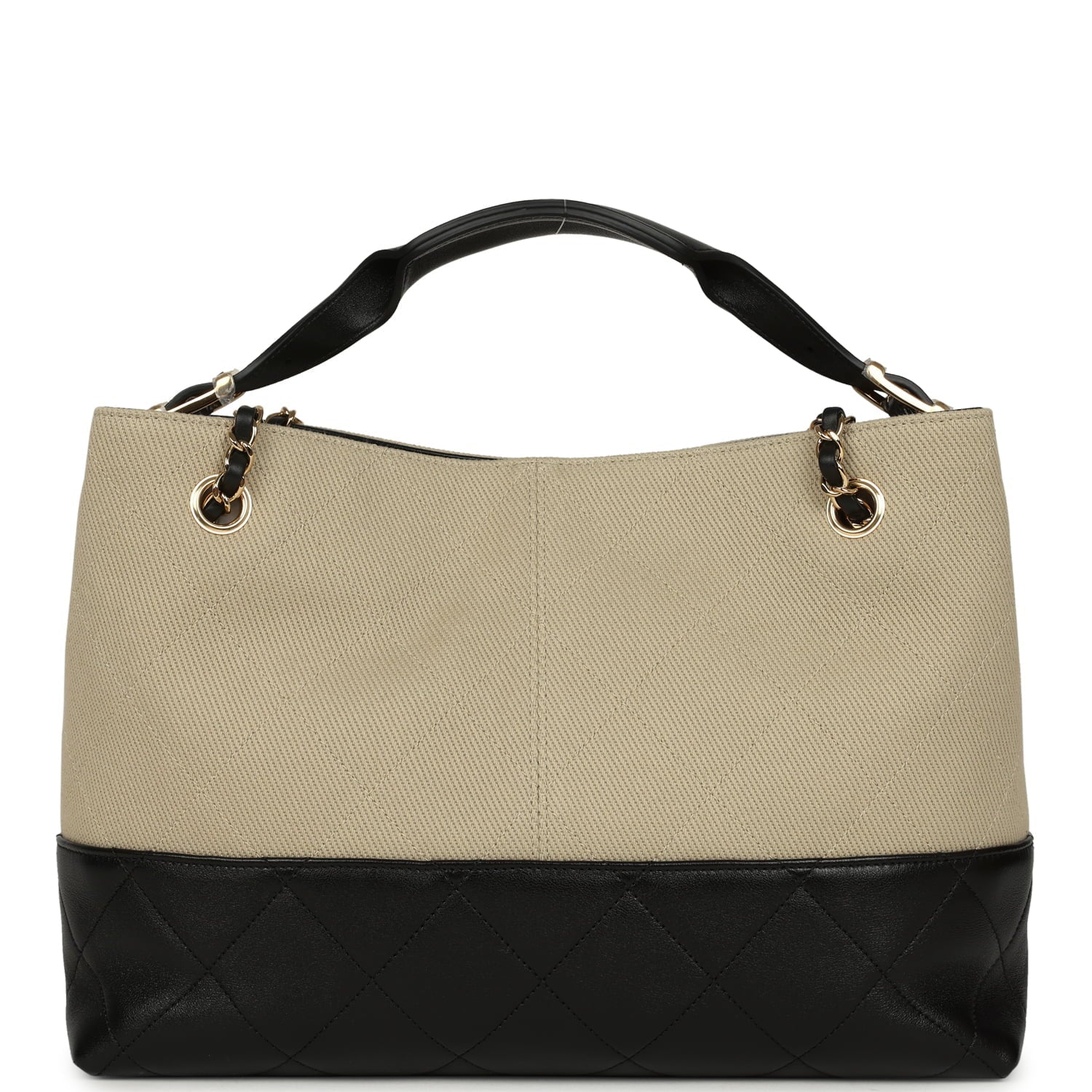 Small Coco Base Hobo Bag Beige Canvas and Black Shiny Lambskin Gold Hardware