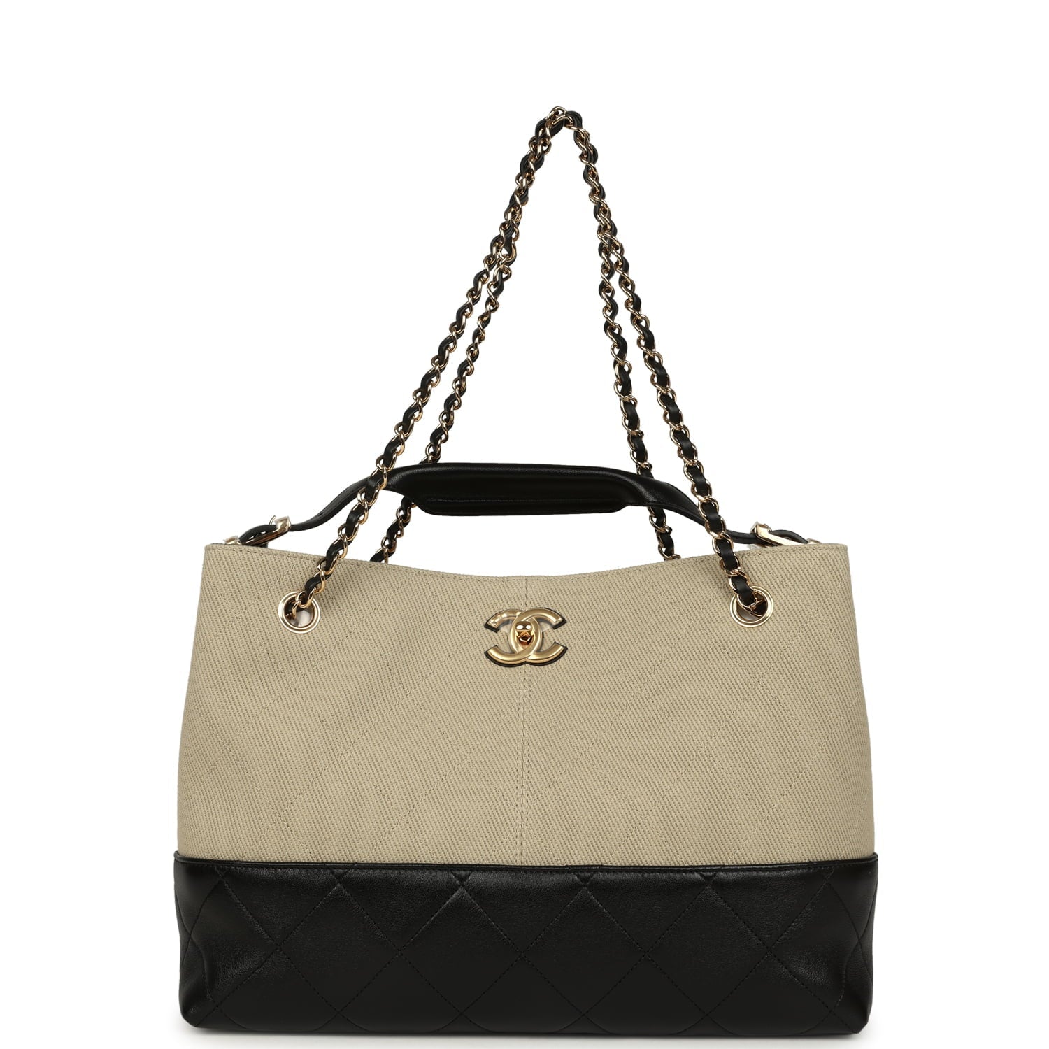 Small Coco Base Hobo Bag Beige Canvas and Black Shiny Lambskin Gold Hardware