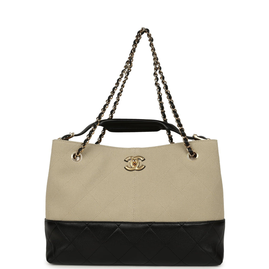 Small Coco Base Hobo Bag Beige Canvas and Black Shiny Lambskin Gold Hardware