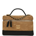 Coco Base Top Handle Long Vanity Case with Chain Brown Suede and Black Shiny Lambskin Antique Gold Hardware