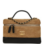 Coco Base Top Handle Long Vanity Case with Chain Brown Suede and Black Shiny Lambskin Antique Gold Hardware