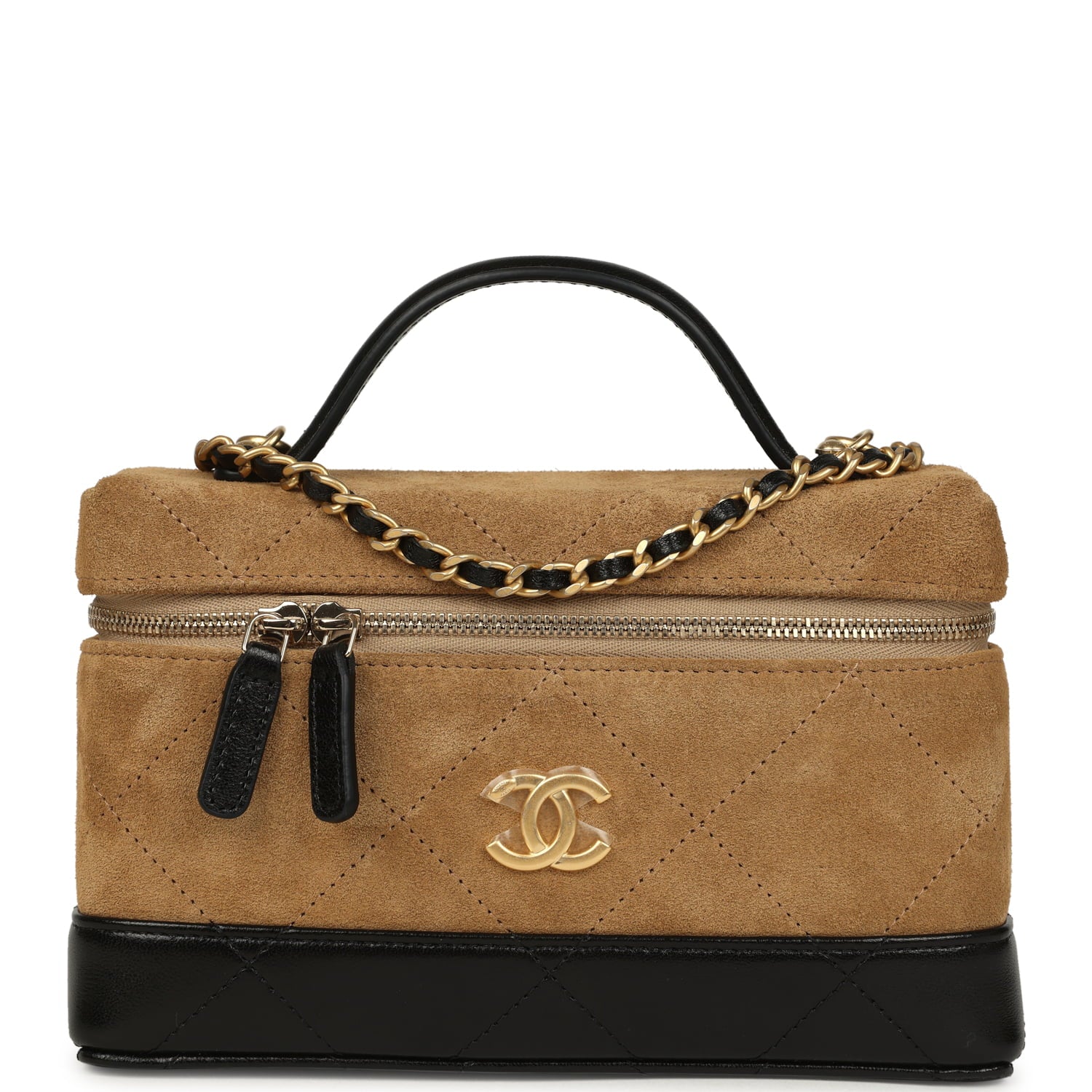 Coco Base Top Handle Long Vanity Case with Chain Brown Suede and Black Shiny Lambskin Antique Gold Hardware