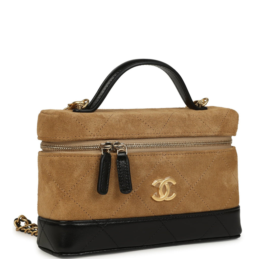 Coco Base Top Handle Long Vanity Case with Chain Brown Suede and Black Shiny Lambskin Antique Gold Hardware
