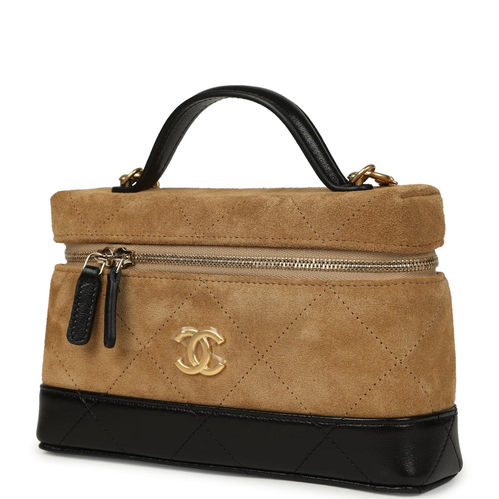 Coco Base Top Handle Long Vanity Case with Chain Brown Suede and Black Shiny Lambskin Antique Gold Hardware