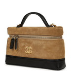 Coco Base Top Handle Long Vanity Case with Chain Brown Suede and Black Shiny Lambskin Antique Gold Hardware