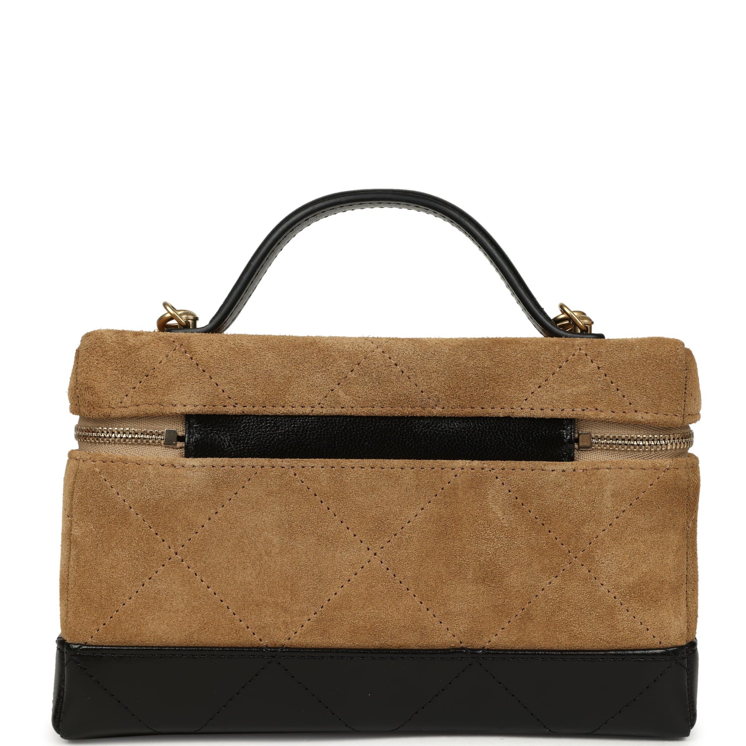 Coco Base Top Handle Long Vanity Case with Chain Brown Suede and Black Shiny Lambskin Antique Gold Hardware