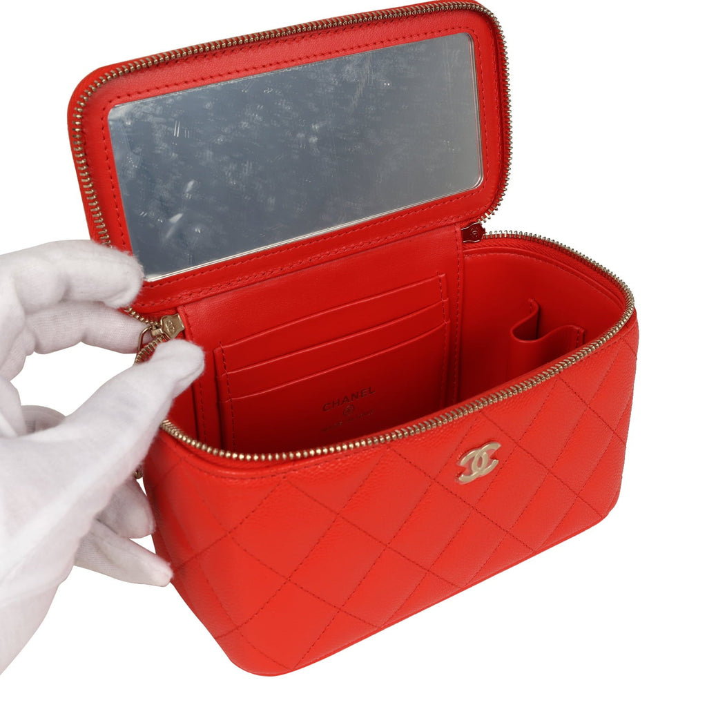 Small Classic Vanity Case Red Shiny Caviar Light Gold Hardware