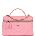 Sleek Chevron Top Handle Long Vanity Case with Chain Pink Shiny Caviar Gold Hardware