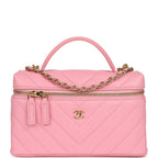 Sleek Chevron Top Handle Long Vanity Case with Chain Pink Shiny Caviar Gold Hardware