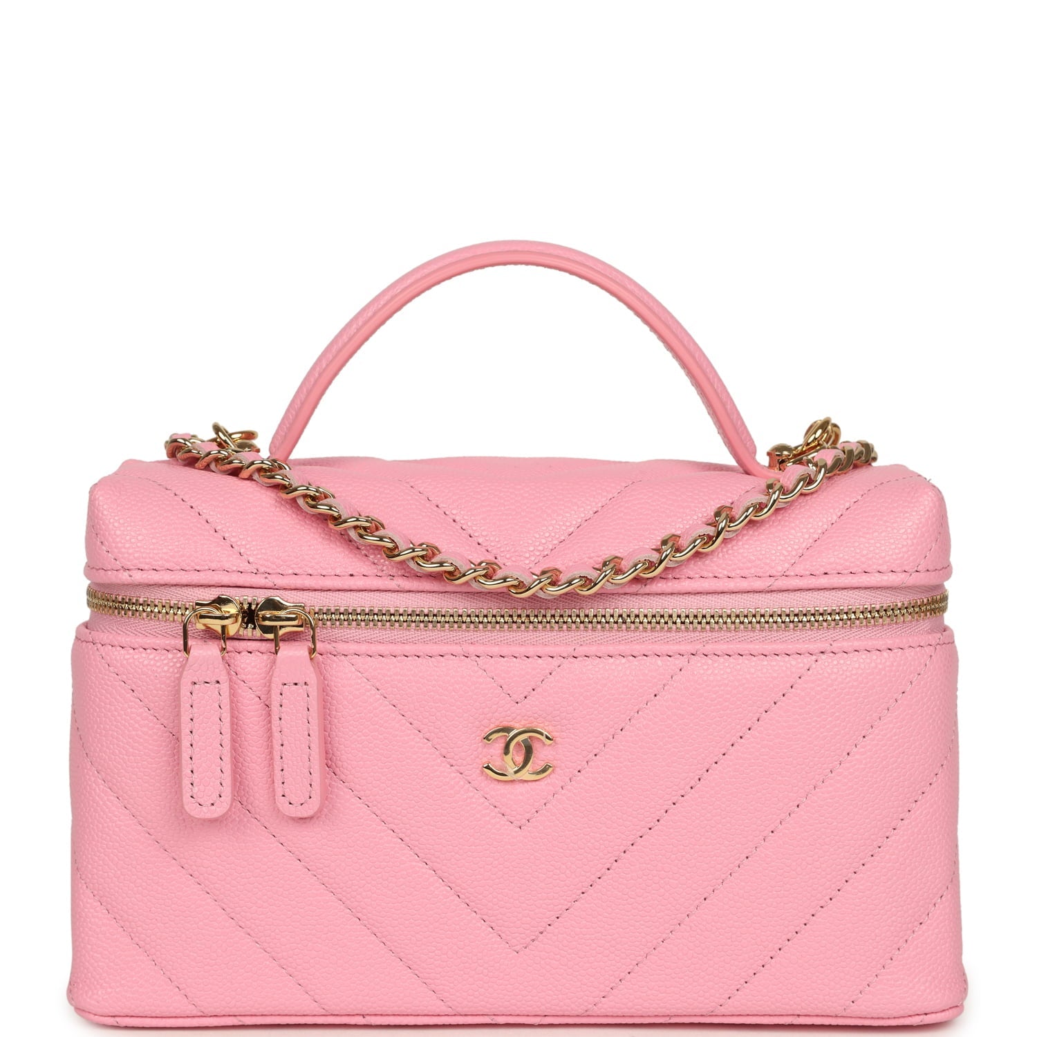 Sleek Chevron Top Handle Long Vanity Case with Chain Pink Shiny Caviar Gold Hardware