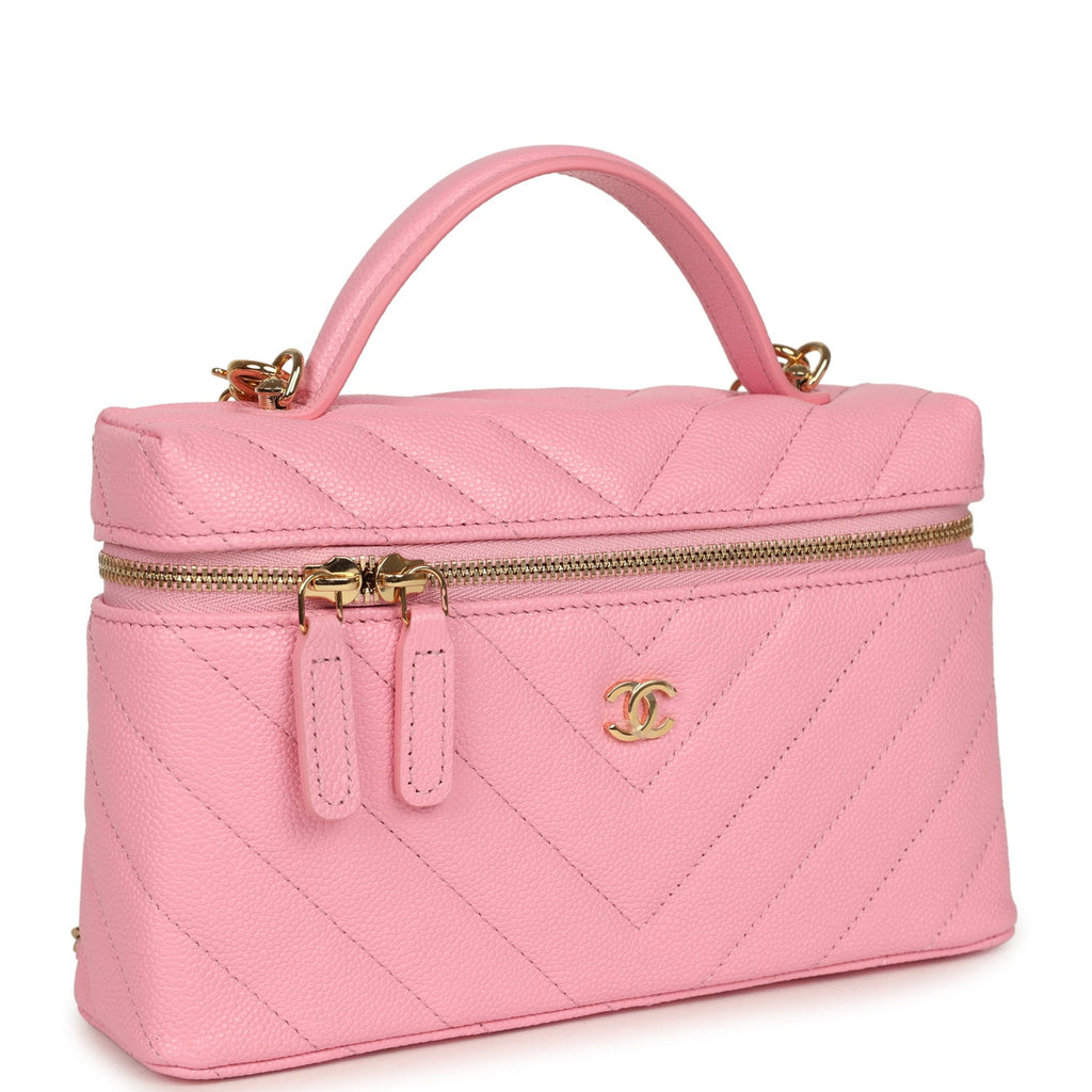 Sleek Chevron Top Handle Long Vanity Case with Chain Pink Shiny Caviar Gold Hardware