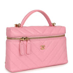 Sleek Chevron Top Handle Long Vanity Case with Chain Pink Shiny Caviar Gold Hardware