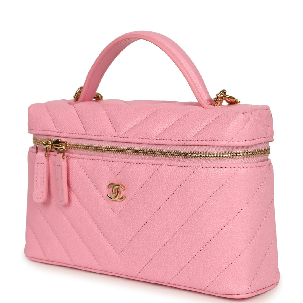 Sleek Chevron Top Handle Long Vanity Case with Chain Pink Shiny Caviar Gold Hardware