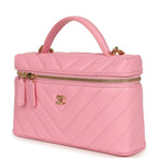 Sleek Chevron Top Handle Long Vanity Case with Chain Pink Shiny Caviar Gold Hardware