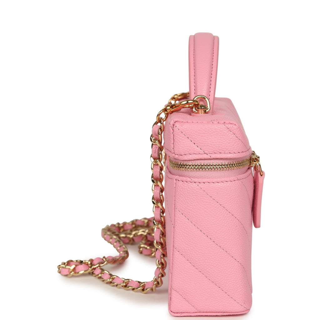 Sleek Chevron Top Handle Long Vanity Case with Chain Pink Shiny Caviar Gold Hardware