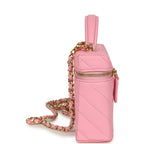 Sleek Chevron Top Handle Long Vanity Case with Chain Pink Shiny Caviar Gold Hardware