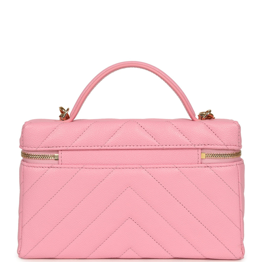 Sleek Chevron Top Handle Long Vanity Case with Chain Pink Shiny Caviar Gold Hardware