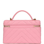 Sleek Chevron Top Handle Long Vanity Case with Chain Pink Shiny Caviar Gold Hardware