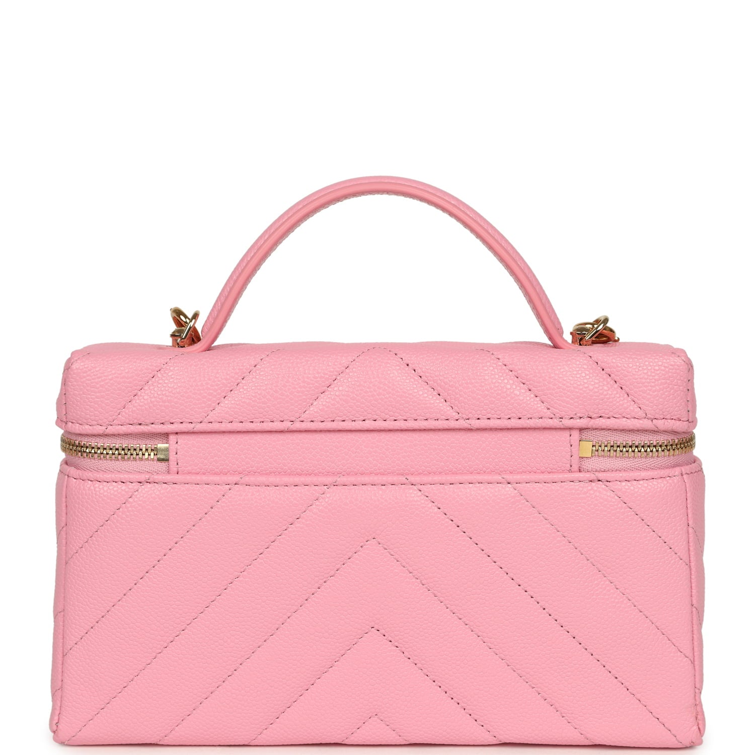 Sleek Chevron Top Handle Long Vanity Case with Chain Pink Shiny Caviar Gold Hardware
